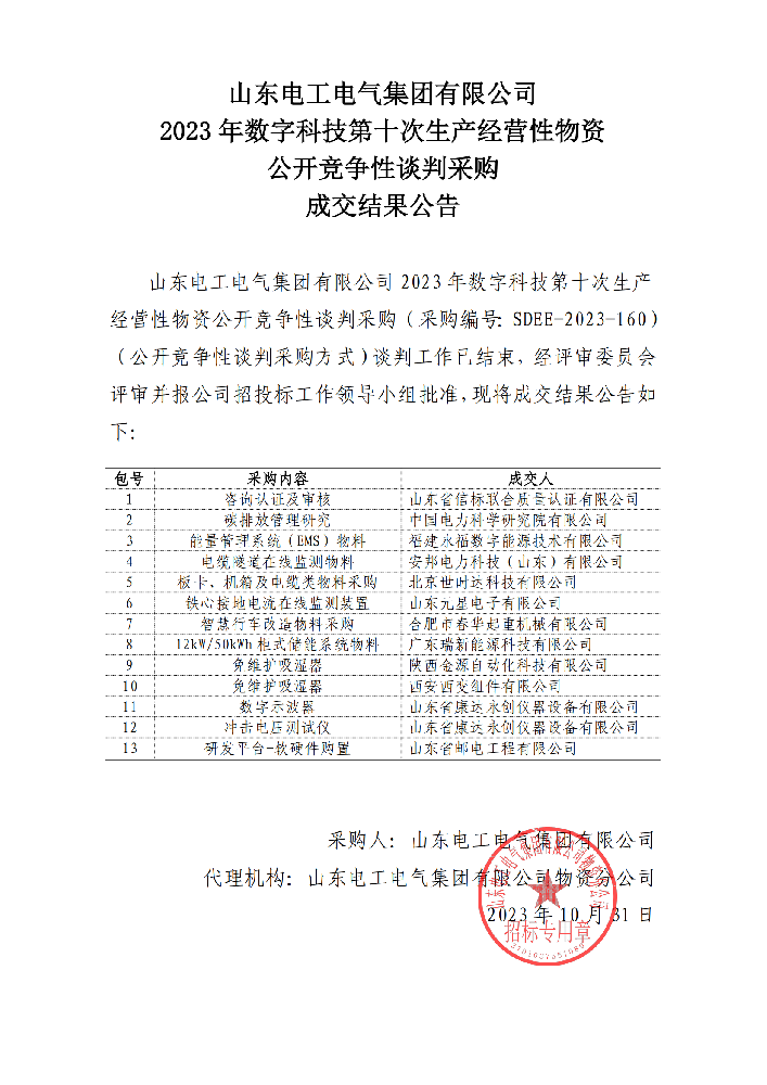 安邦电力科技（山东）有限公司中标山东电工电气集团有限公司 2023 年数字科技第十次生产经营性物资公开竞争性谈判采购项目